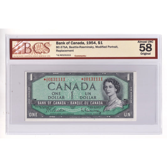 BC-37bA 1954 Canada $1 B-R, Modified Portrait, Rep., *A/A BCS Cert. AU58 Original (DOP)