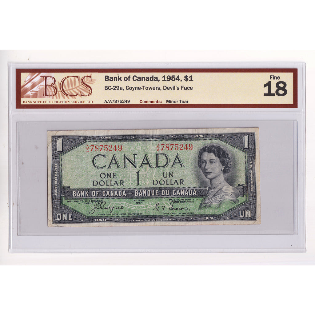 BC-29a 1954 Canada $1 Coyne-Towers, Devil's Face, A/A, BCS Certified F18 (Minor Tear)