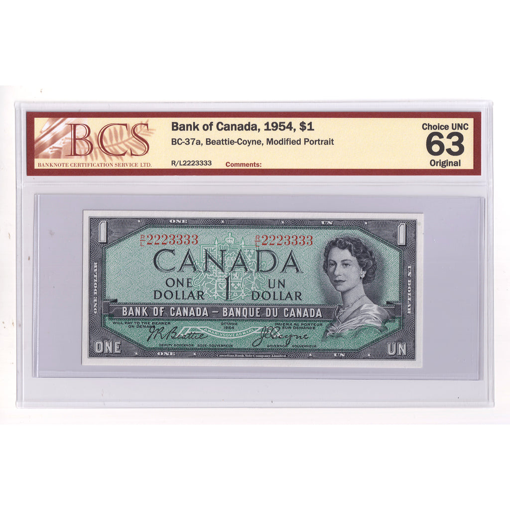 BC-37a 1954 Canada $1 B-C, Neat # R/L 2223333, Modified Portrait, BCS Cert. CUNC63