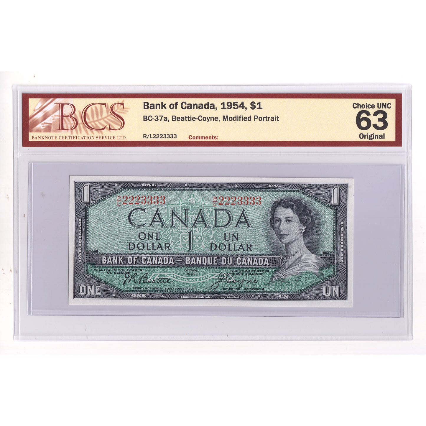 BC-37a 1954 Canada $1 B-C, Neat # R/L 2223333, Modified Portrait, BCS Cert. CUNC63