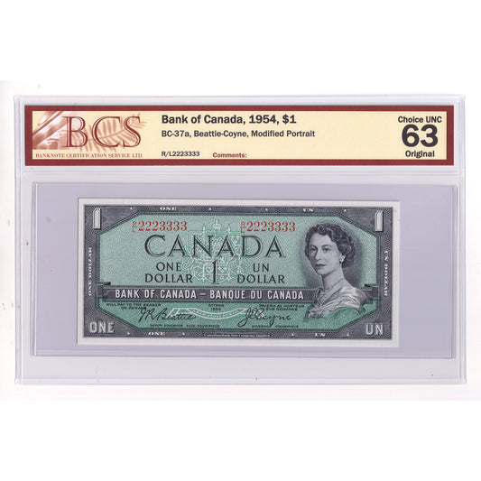 BC-37a 1954 Canada $1 B-C, Neat # R/L 2223333, Modified Portrait, BCS Cert. CUNC63