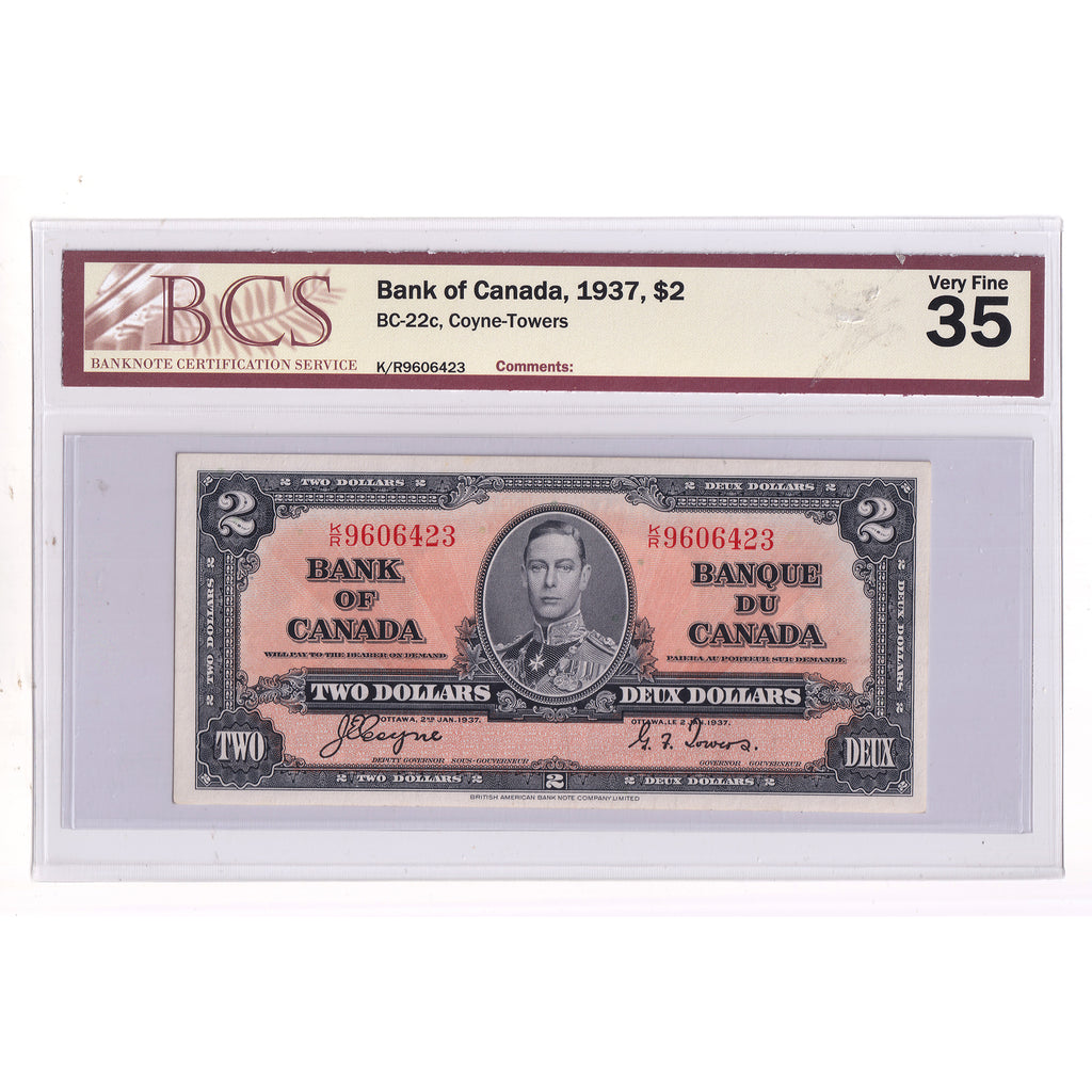 BC-22c 1937 Canada $2 Coyne-Towers, K/R, BCS Certified VF35 (DOP)