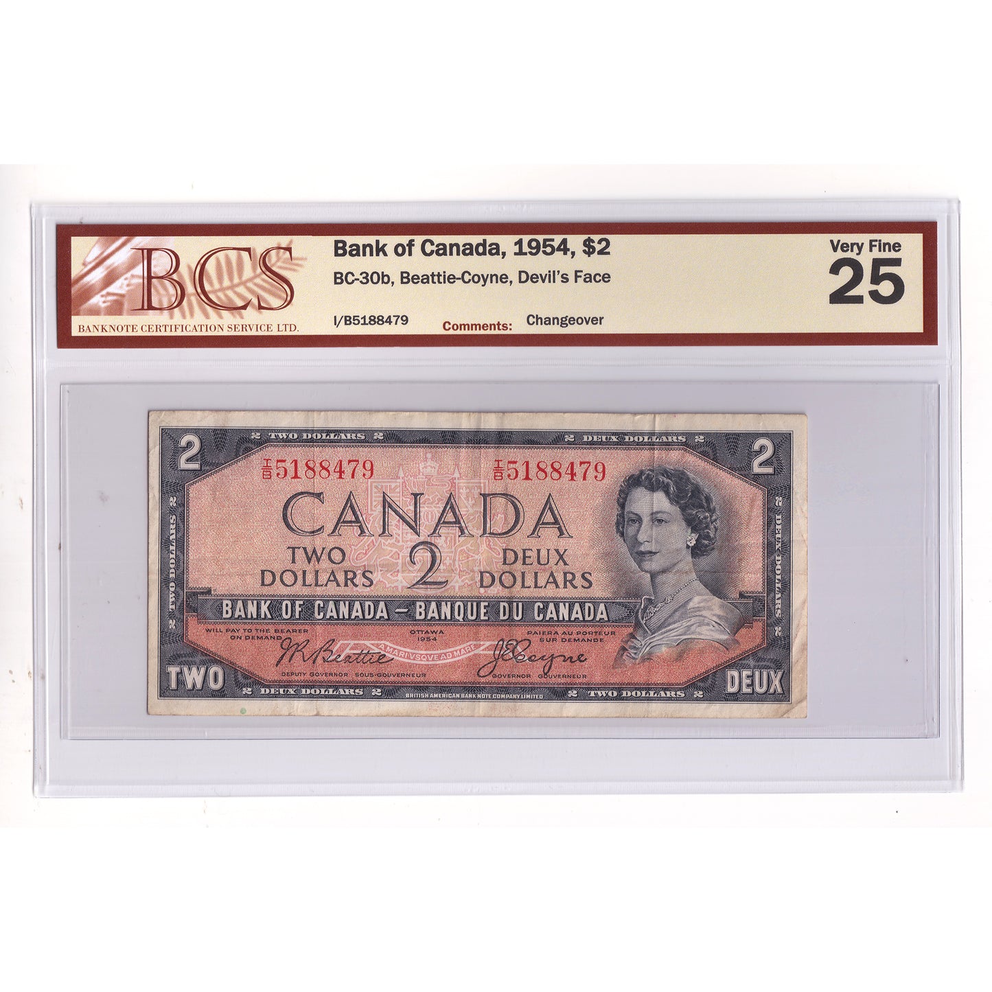 BC-30b 1954 Canada $2 B-C, Devil's Face, Changeover, I/B, BCS Certified VF25 (DOP)