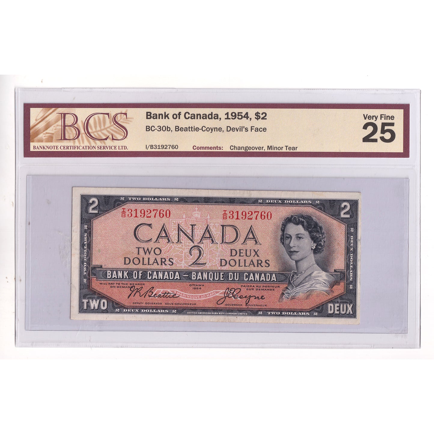 BC-30b 1954 Canada $2 B-C, Devil's Face, Changeover, I/B, BCS Certified VF25 (Minor Tear)