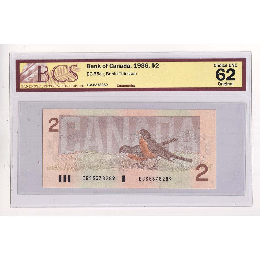 BC-55c-i 1986 Canada $2 Bonin-Thiessen, EGS, BCS Certified CUNC62 Original (DOP)