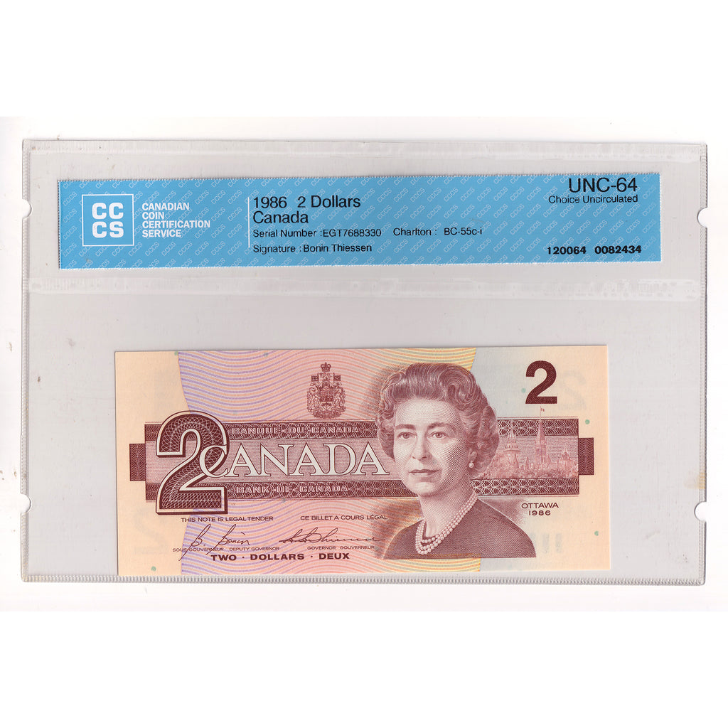 BC-55c-i 1986 Canada $2 Bonin-Thiessen, EGT, CCCS Certified CUNC64 (DOP)