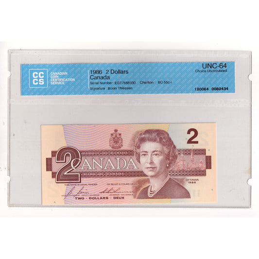 BC-55c-i 1986 Canada $2 Bonin-Thiessen, EGT, CCCS Certified CUNC64 (DOP)