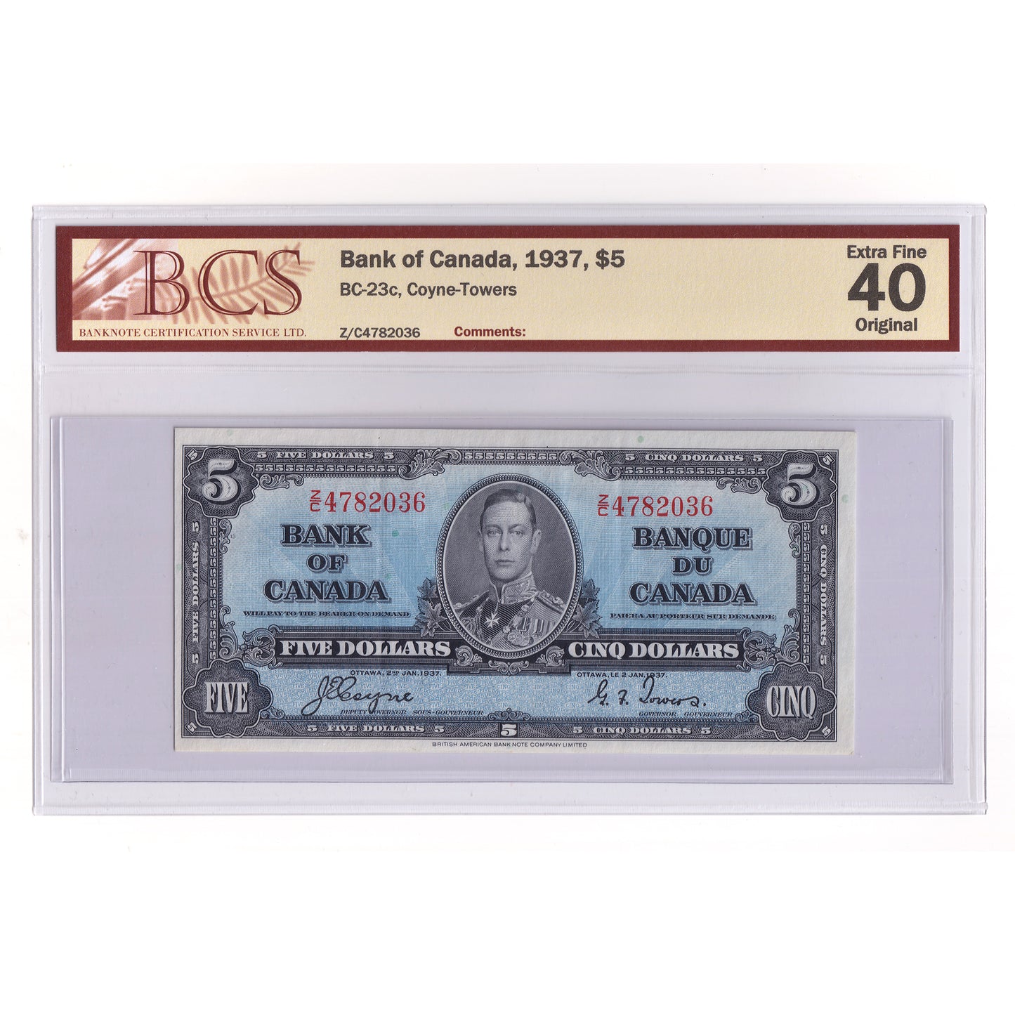 BC-23c 1937 Canada $5 Coyne-Towers, Z/C, BCS Certified EF40 Original (DOP)