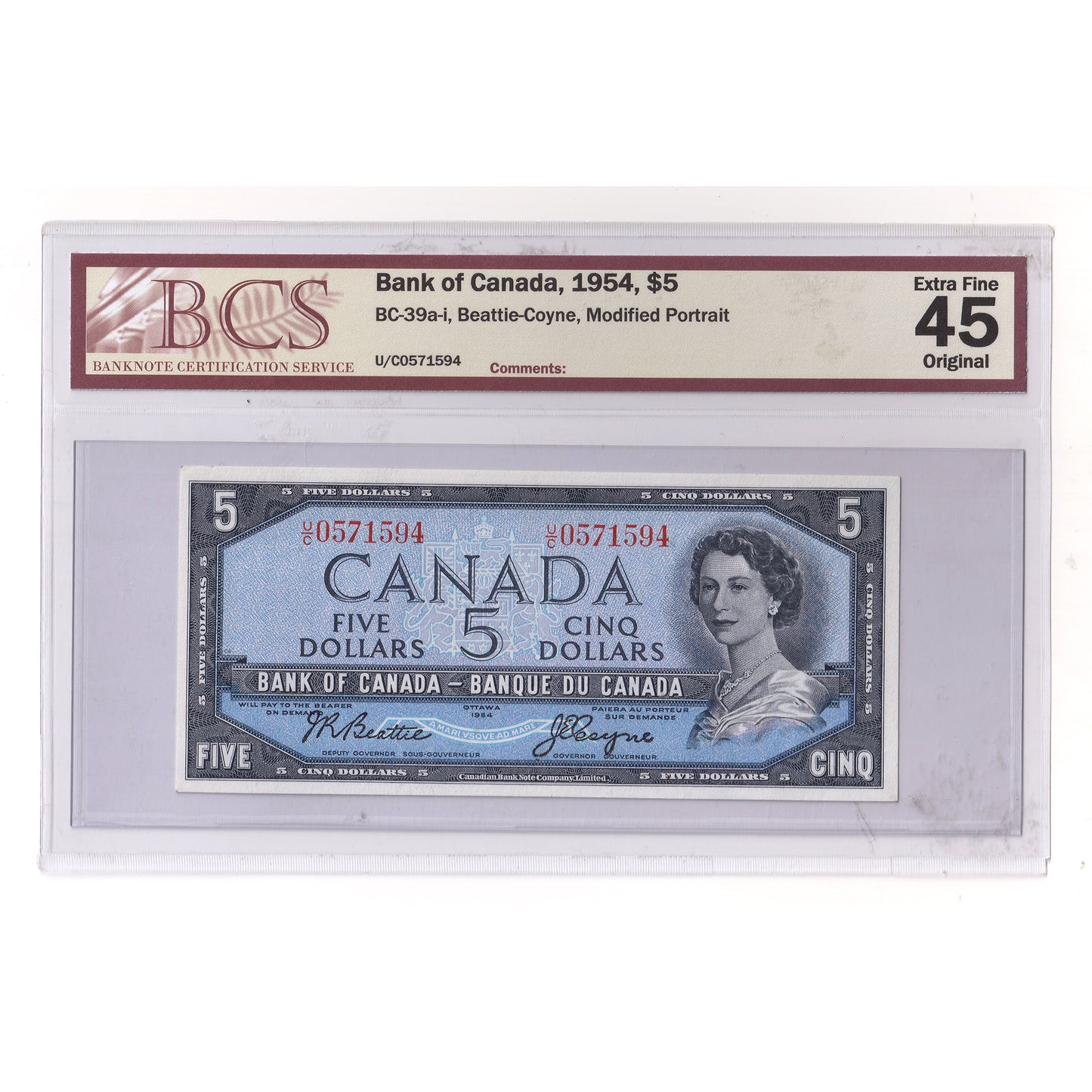 BC-39a-i 1954 Canada $5 B-C, U/C, Modified Portrait, BCS Certified EF45 Original (DOP)