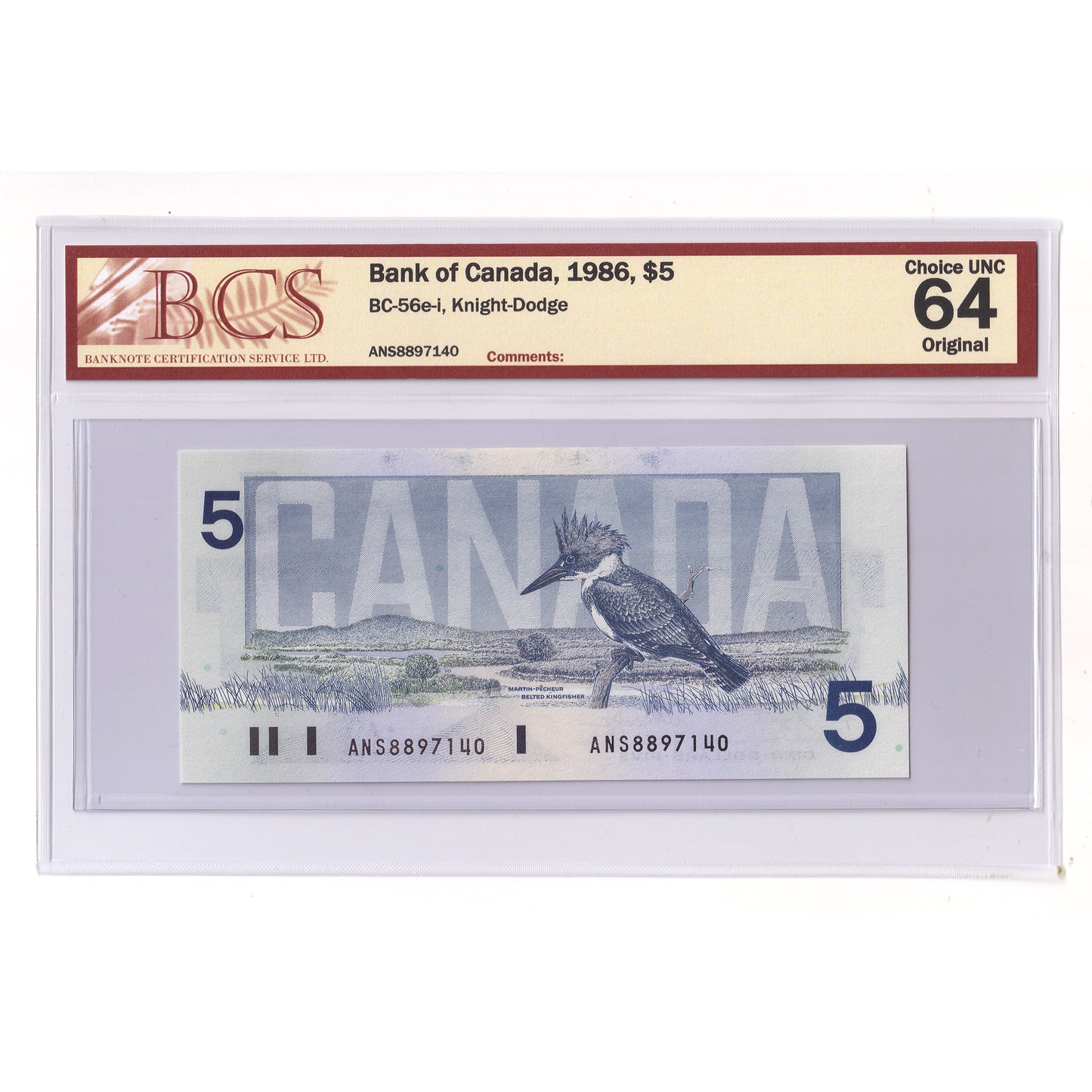 BC-56e-i 1986 Canada $5 Knight-Dodge, ANS, BCS Certified CUNC64 Original (DOP)