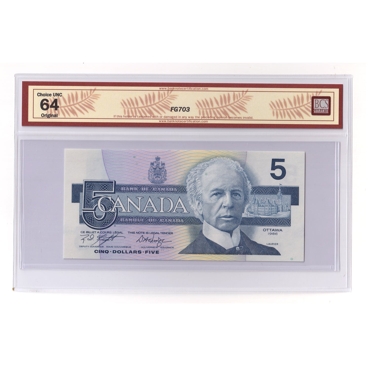 BC-56e-i 1986 Canada $5 Knight-Dodge, ANS, BCS Certified CUNC64 Original (DOP)