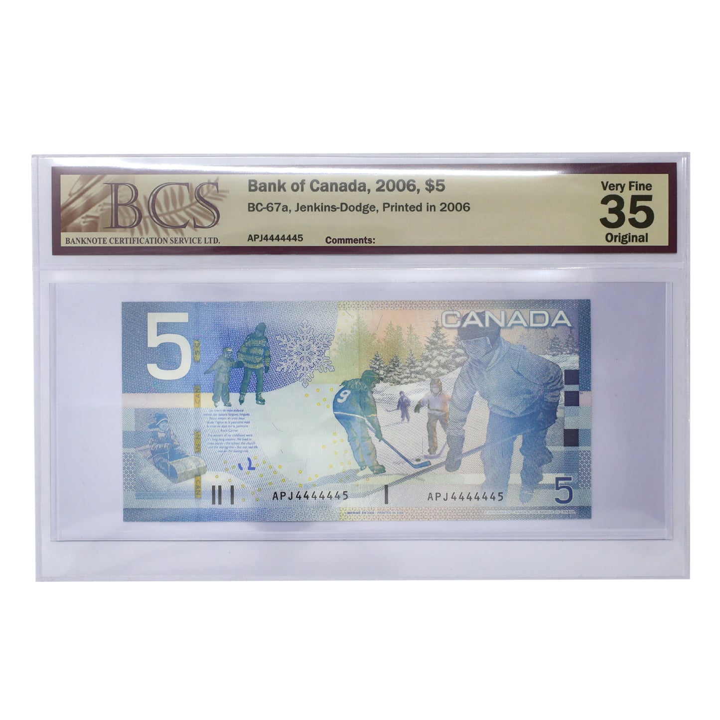 BC-67a 2006 Canada $5 Jenkins-Dodge, Neat # APJ4444445, BCS Certified VF35 Original (DOP)
