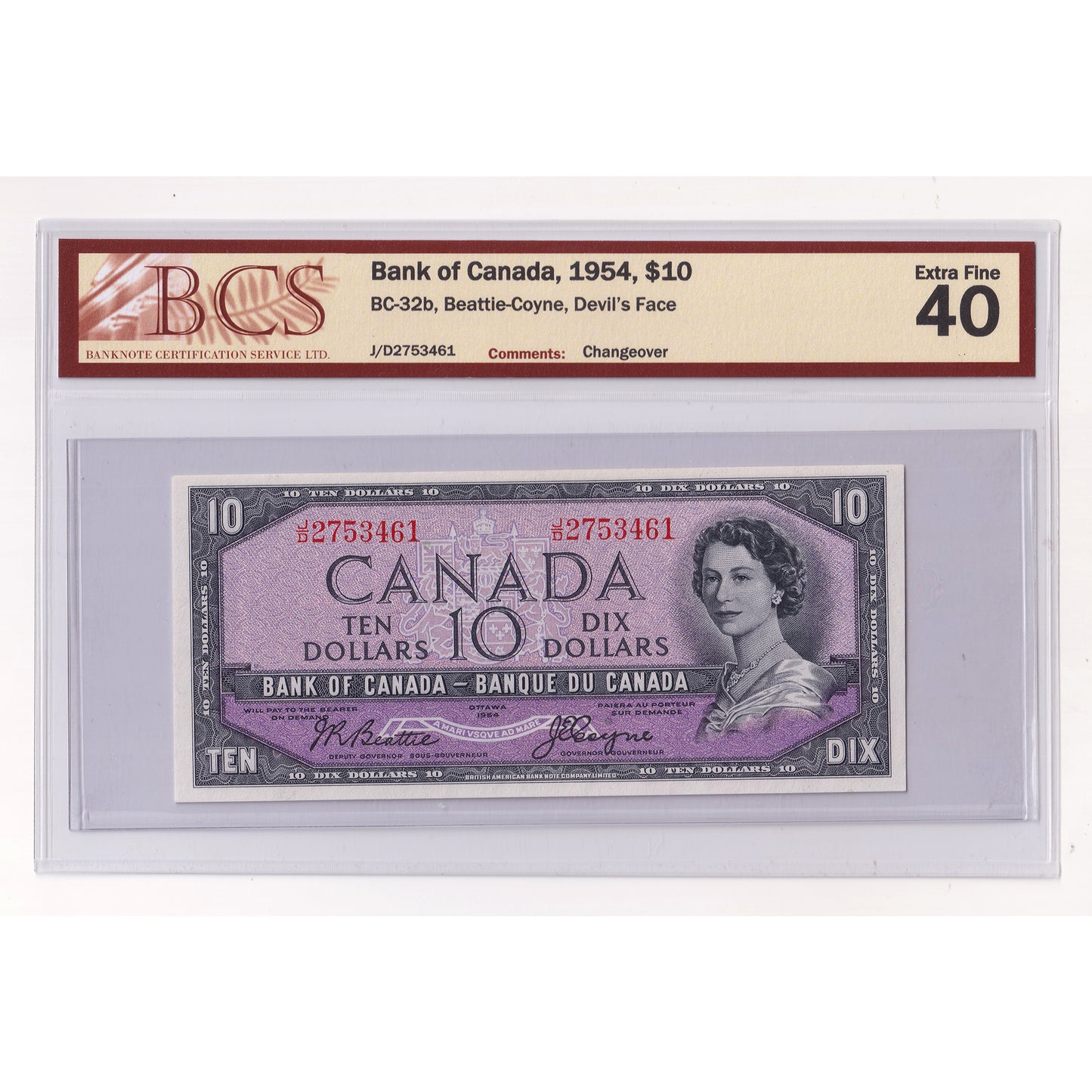 BC-32b 1954 Canada $10 B-C, Devil's Face, Changeover, J/D, BCS Certified EF40 (DOP)