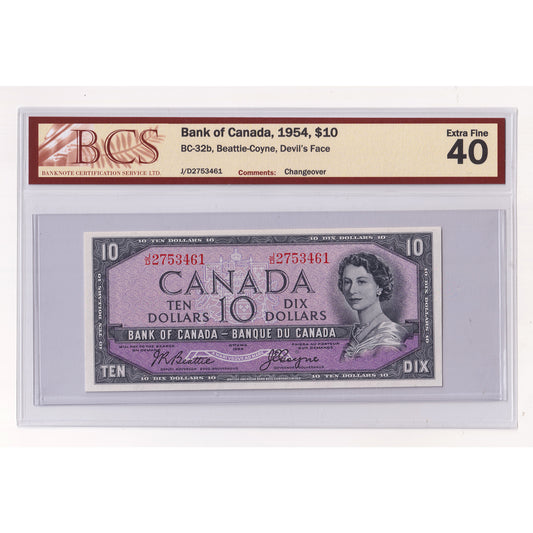 BC-32b 1954 Canada $10 B-C, Devil's Face, Changeover, J/D, BCS Certified EF40 (DOP)