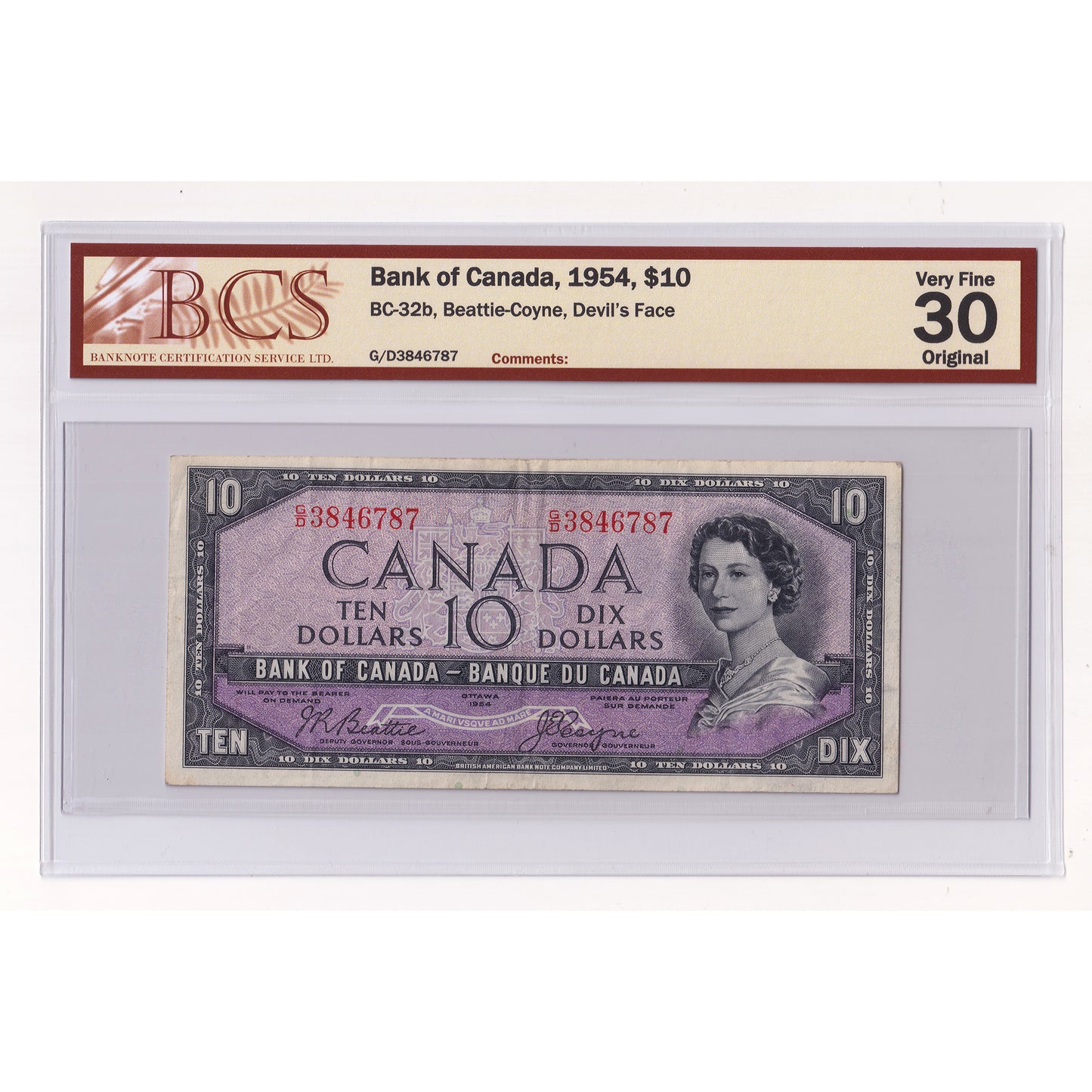 BC-32b 1954 Canada $10 Beattie-Coyne, Devil's Face, G/D, BCS Certified VF30 Orig. (DOP)