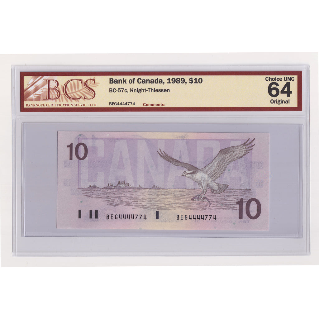 BC-57c 1989 Canada $10 Knight-Thiessen, Neat # BEG4444774, BCS Cert. CUNC64 Orig. (DOP)