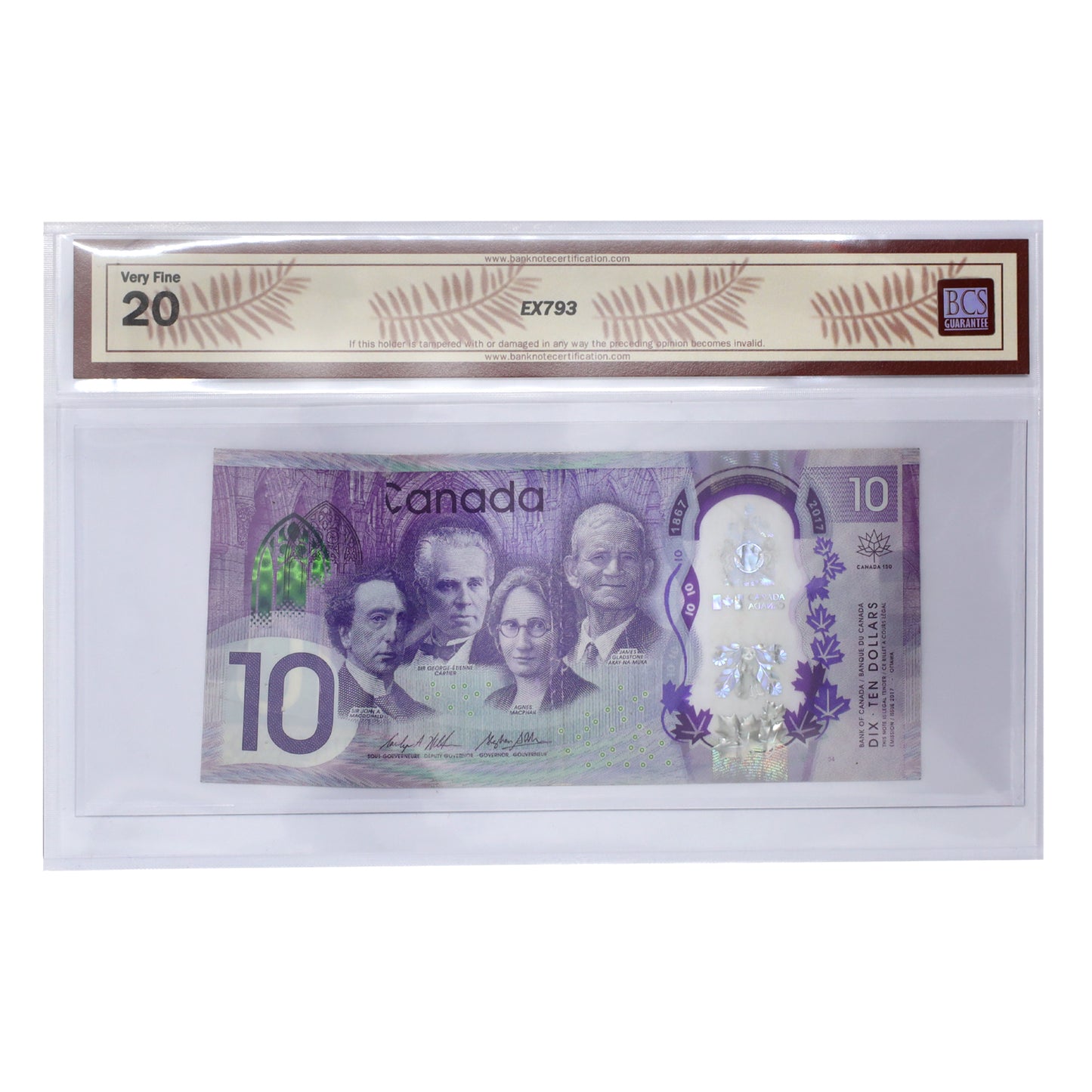 BC-75 2017 Canada $10 Wilkins-Poloz, CDC, BCS Certified VF20 (Holes, Tape, Major Tear)