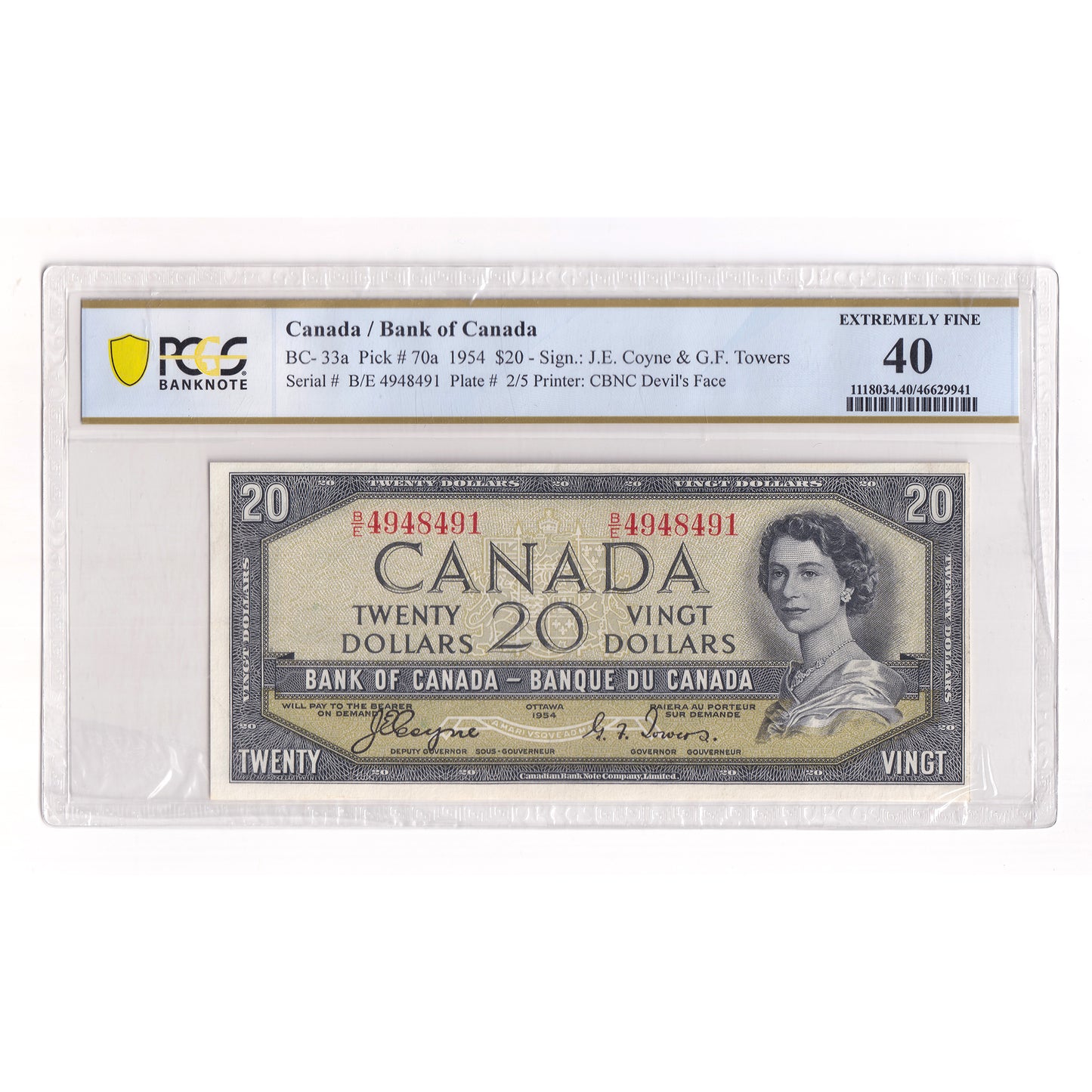 BC-33a 1954 Canada $20 Coyne-Towers, Devil's Face, B/E, PCGS Certified EF40 (DOP)
