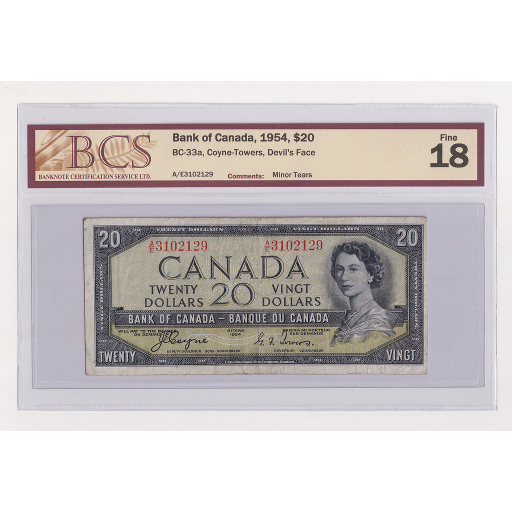 BC-33a 1954 Canada $20 Coyne-Towers, Devil's Face, A/E, BCS Certified F18 (DOP)