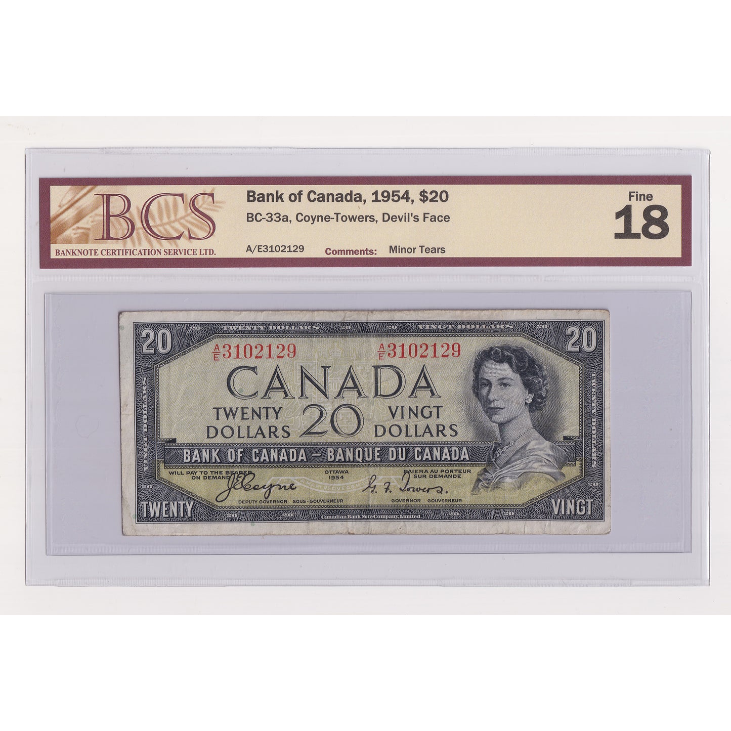 BC-33a 1954 Canada $20 Coyne-Towers, Devil's Face, A/E, BCS Certified F18 (DOP)