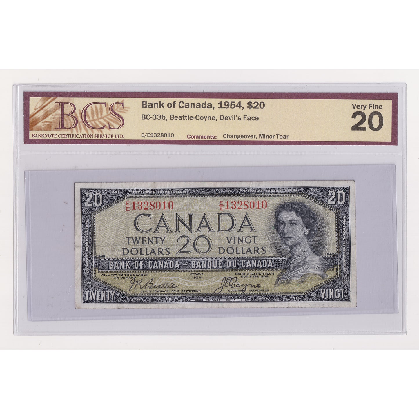 BC-33b 1954 Canada $20 B-C, Devil's Face, Changeover, E/E, BCS Cert. VF20 (Minor Tear)