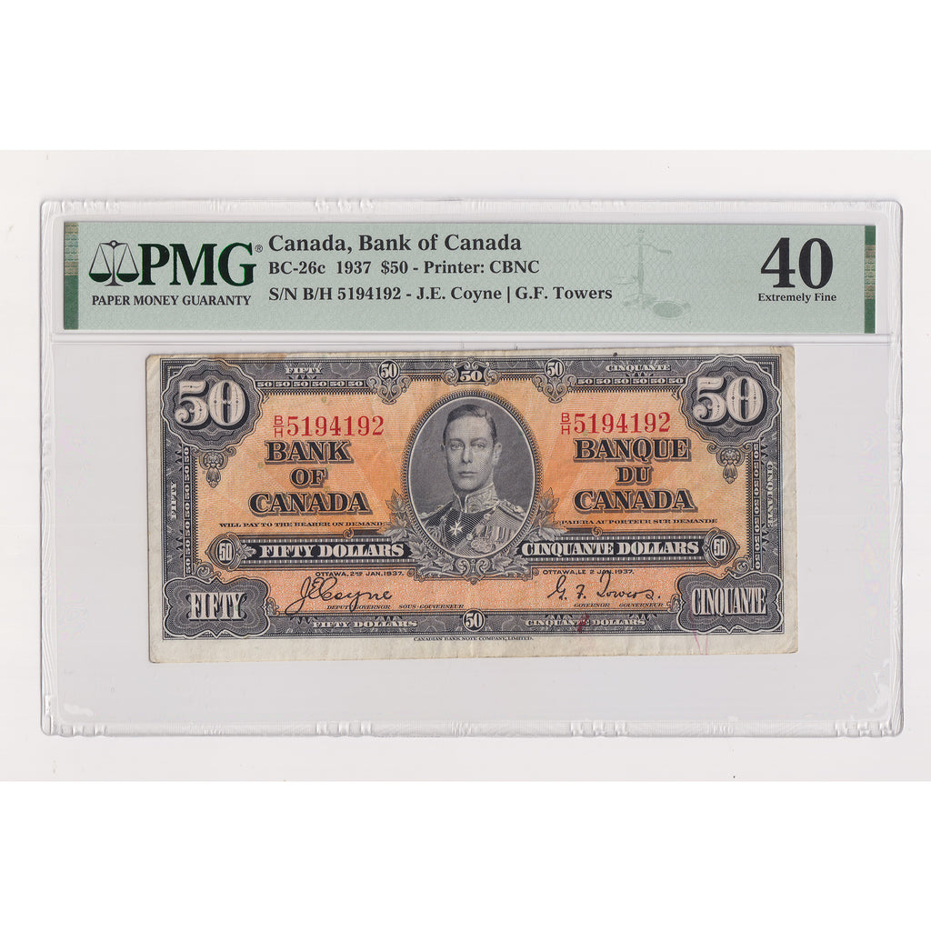 BC-26c 1937 Canada $50 Coyne-Towers, B/H, PMG Certified EF40 (Minor Stain)