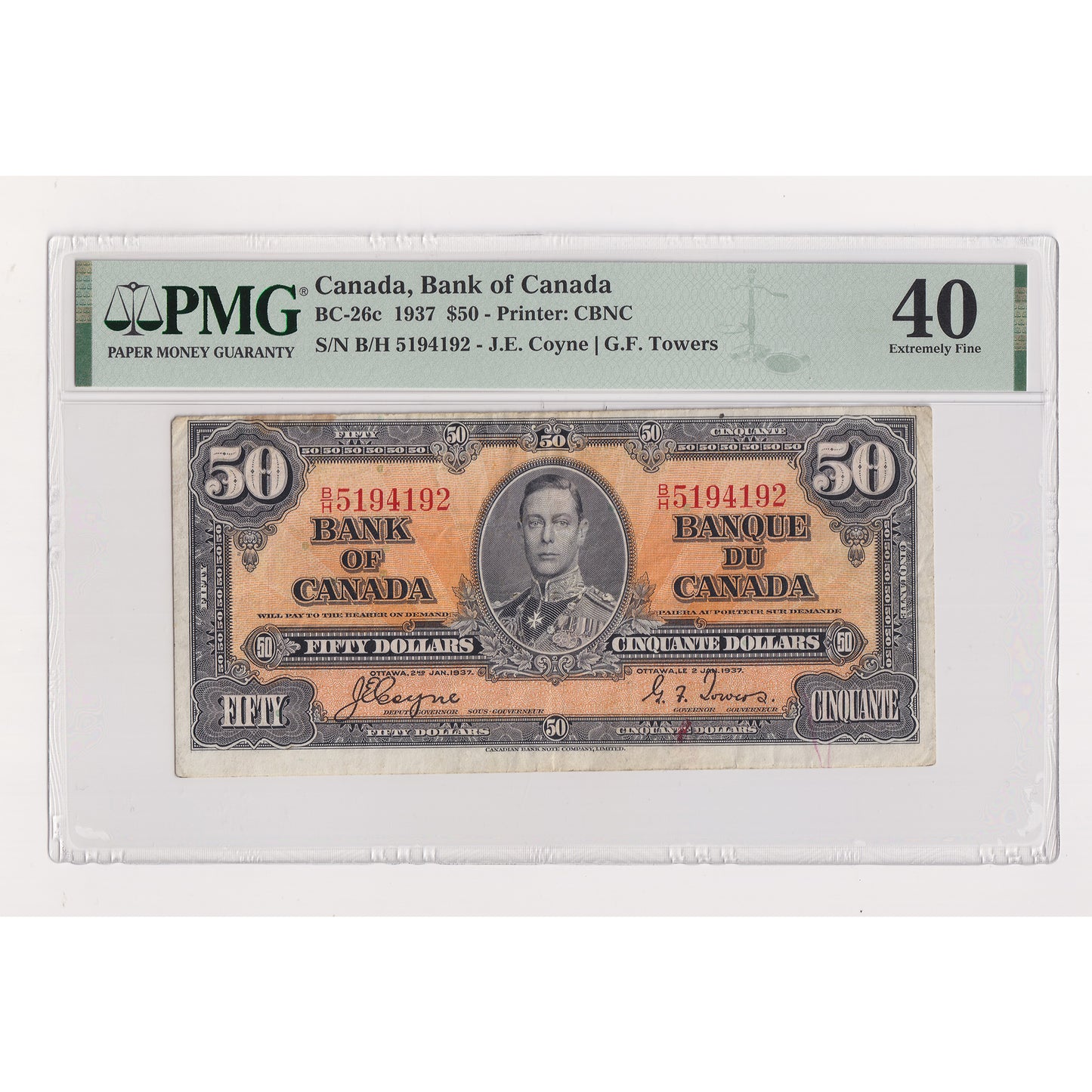 BC-26c 1937 Canada $50 Coyne-Towers, B/H, PMG Certified EF40 (Minor Stain)