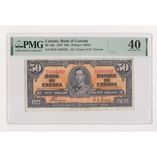 BC-26c 1937 Canada $50 Coyne-Towers, B/H, PMG Certified EF40 (Minor Stain)