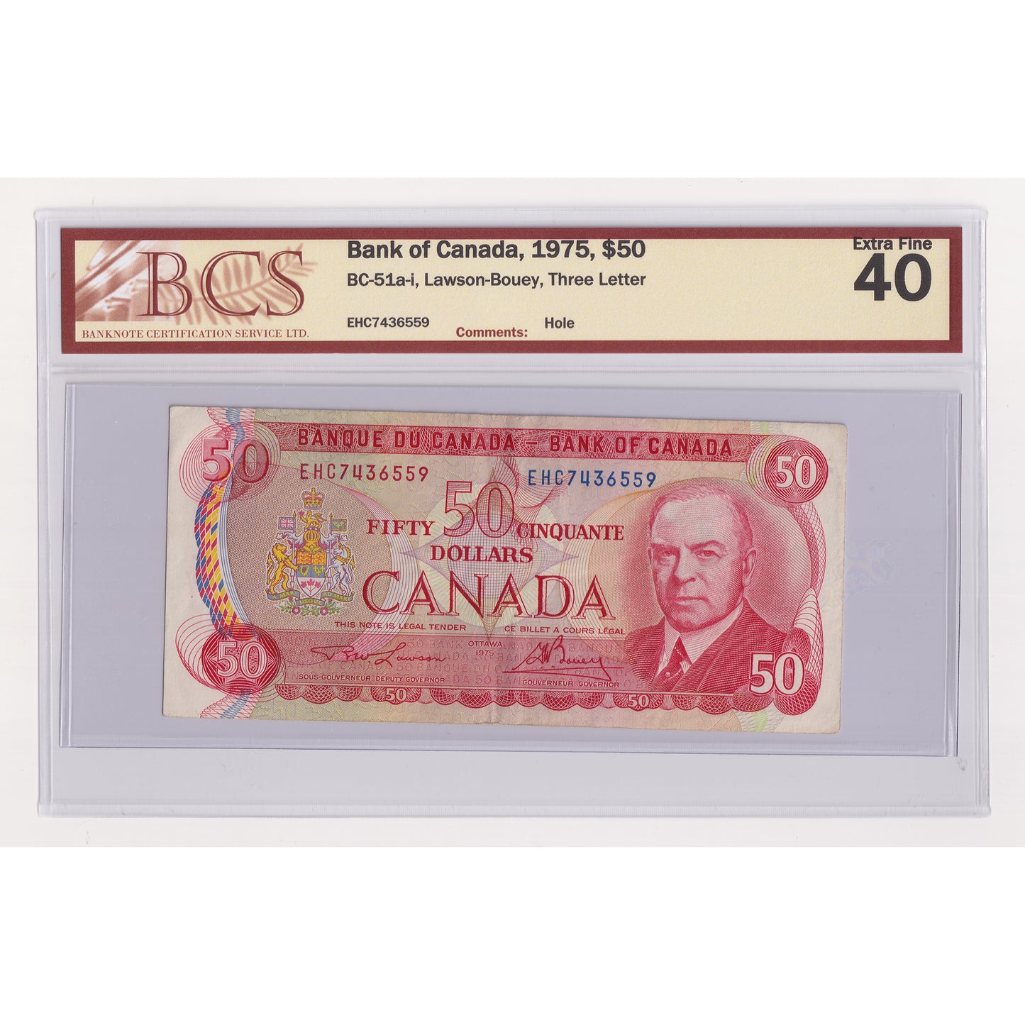 BC-51a-i 1975 Canada $50 Lawson-Bouey, Three Letter, EHC, BCS Certified EF40 (Hole)