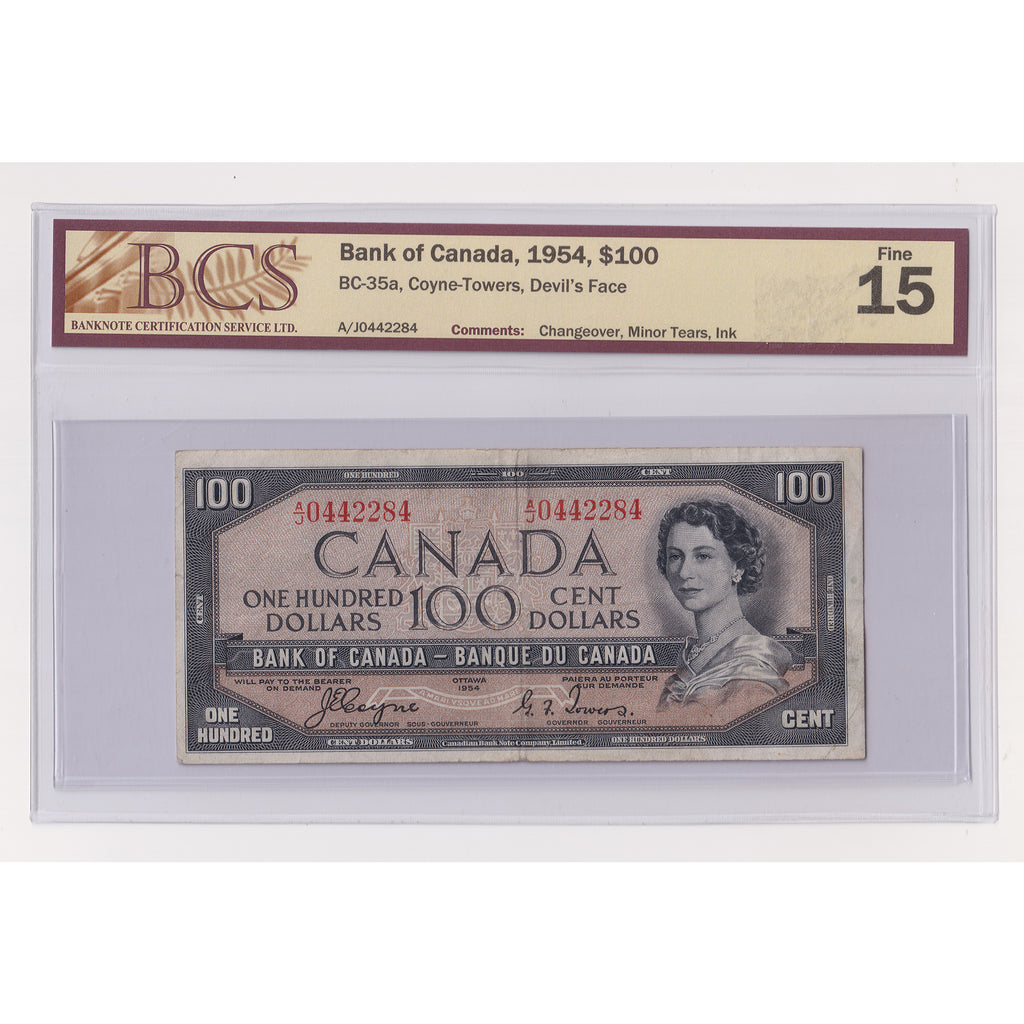 BC-35a 1954 Canada $100 C-T, Devil's Face, Changeover, A/J, BCS Cert. F15 (Tears, Ink)