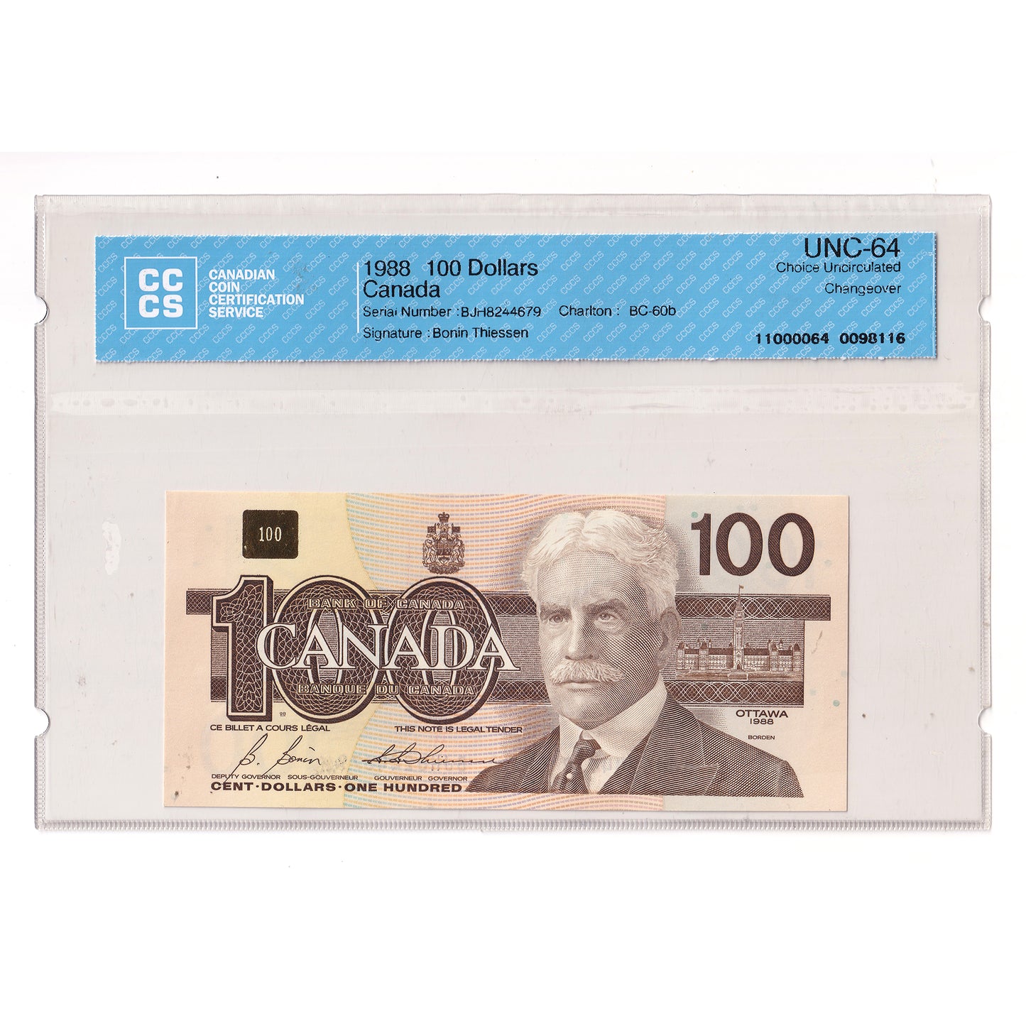 BC-60b 1988 Canada $100 Bonin-Thiessen, Changeover, BJH, CCCS Certified CUNC64 (DOP)