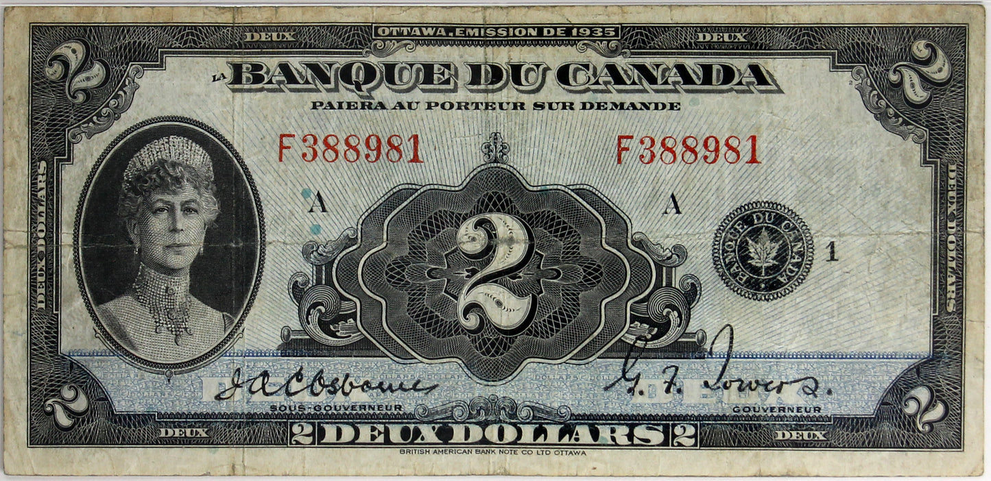 BC-4 1935 Canada $2 Osborne-Towers, French, PMG Certified VF25
