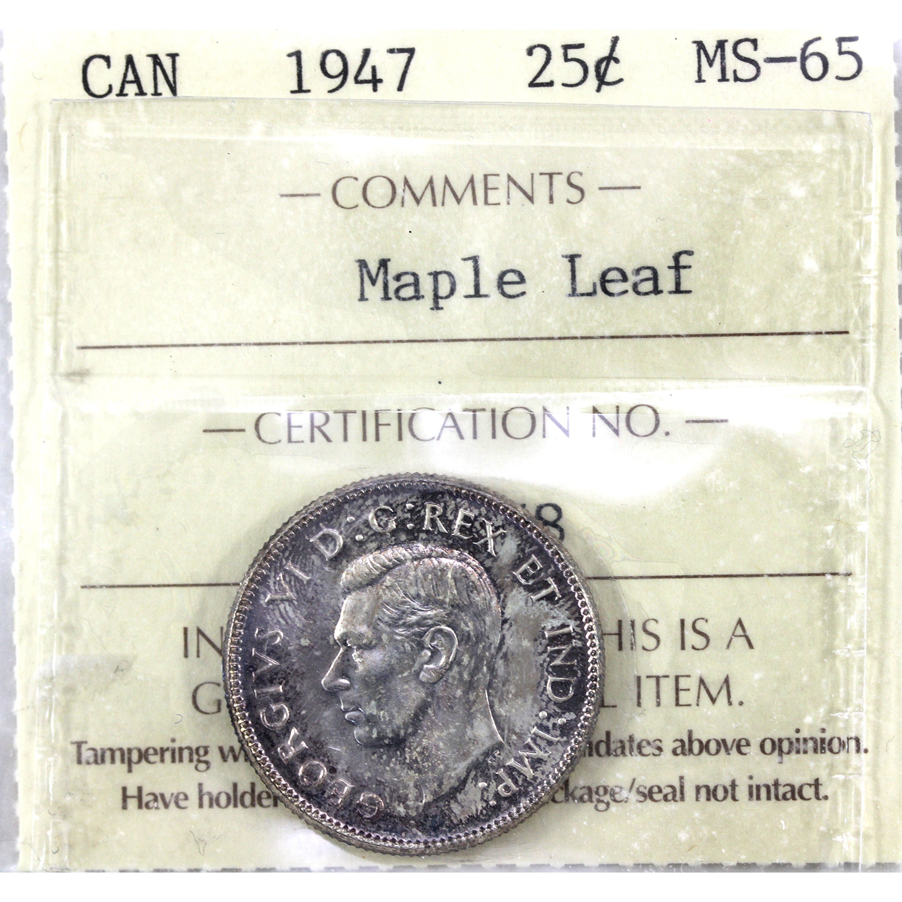 1947 Maple Leaf Canada 25-cents ICCS Certified MS-65 at 1947 Maple Leaf Canada 25-cents ICCS Certified MS-65 at