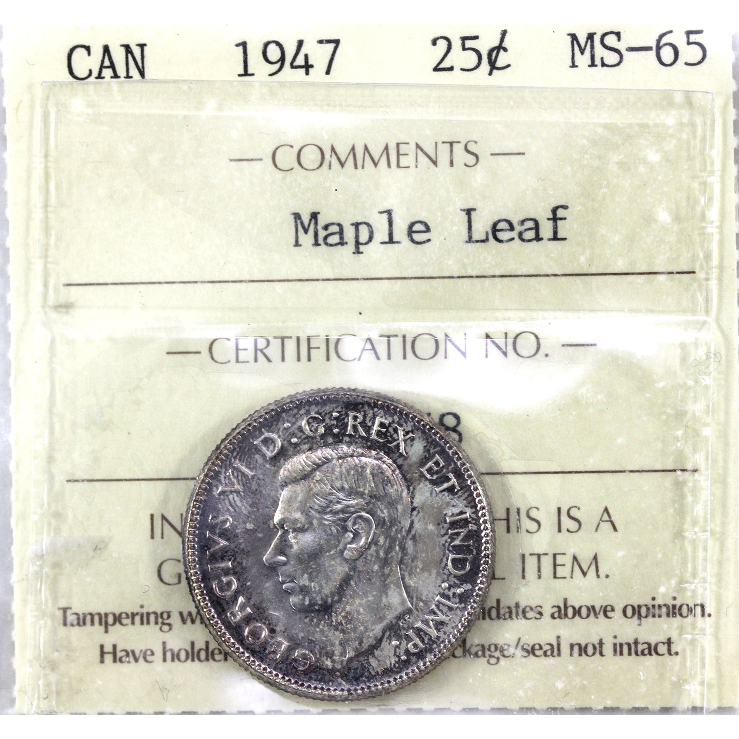 1947 Maple Leaf Canada 25-cents ICCS Certified MS65
