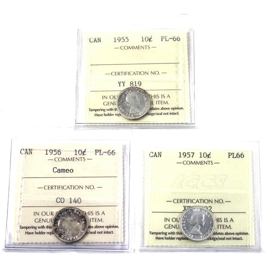 Lot of 3x Canada 10-cents ICCS Certified PL-66 - 1955, 1956 Cameo & 1957 (3pcs)