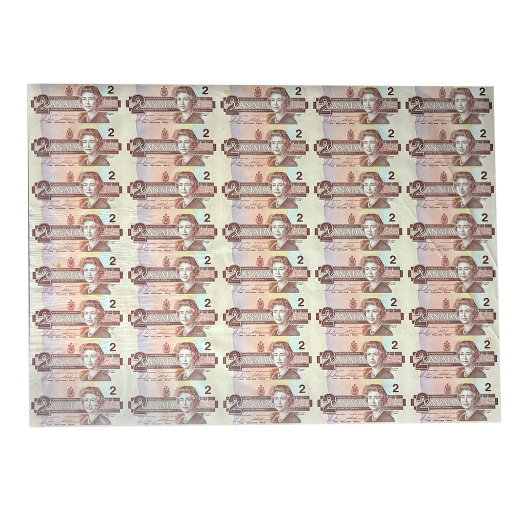 1986 Canada $2 CBJ Prefix Uncut Sheet of 40 Notes - 5x8 Format (Minor Staining)