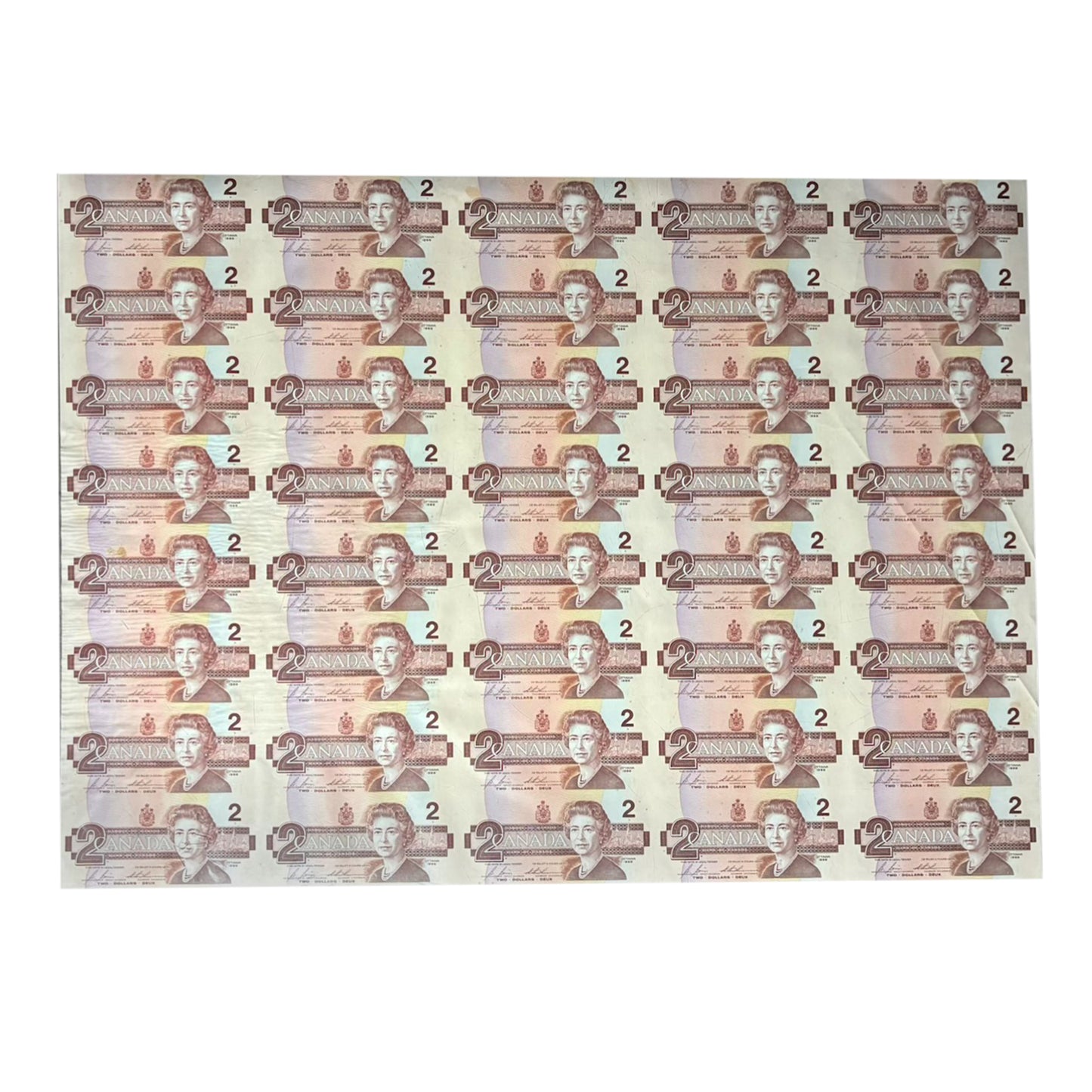 1986 Canada $2 CBJ Prefix Uncut Sheet of 40 Notes - 5x8 Format (Minor Staining)