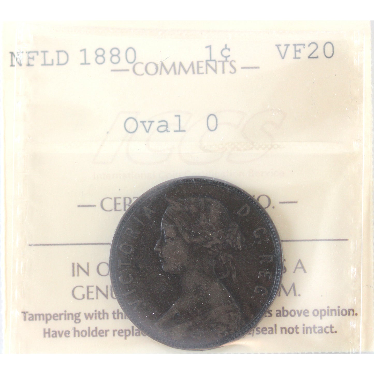 1880 Oval 0 Newfoundland 1-cent ICCS Certified VF-20