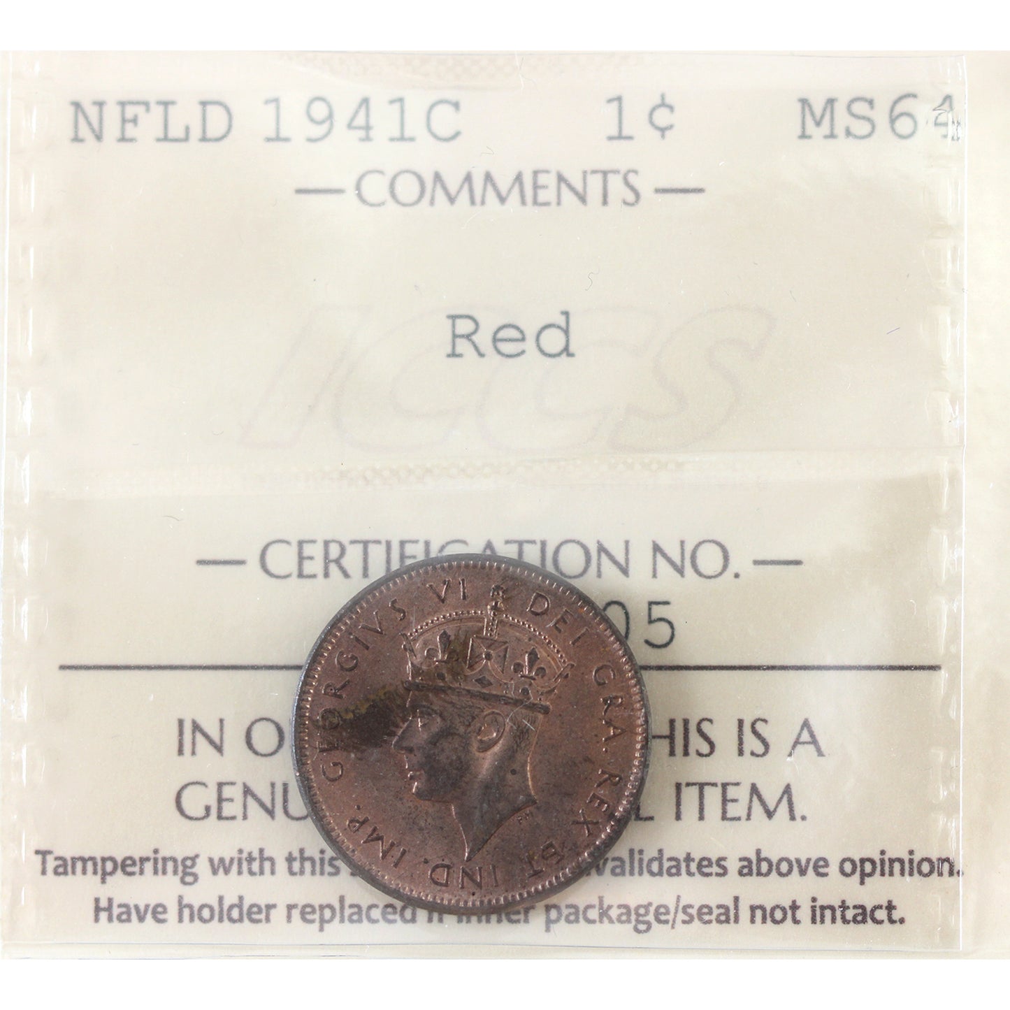 1941C Newfoundland 1-cent ICCS Certified MS64 Red
