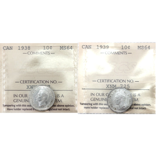 Pair of 1938 & 1939 Canada 10-cents ICCS Certified MS64 (2pcs)