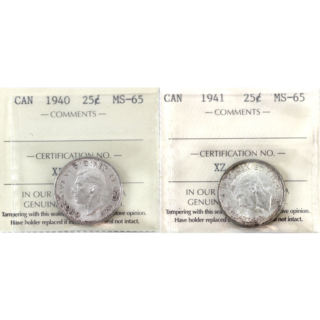 Pair of 1940 & 1941 Canada 25-cents ICCS Certified MS65 (2pcs)