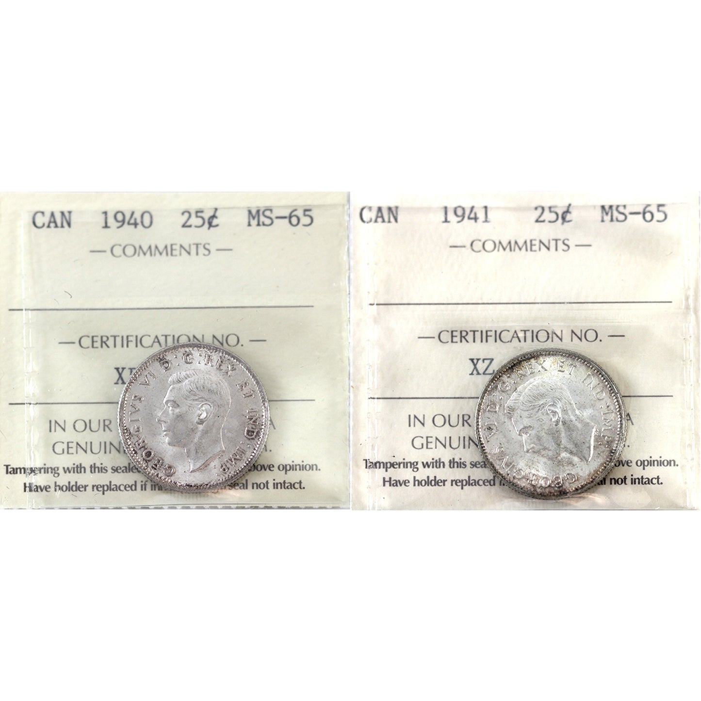 Pair of 1940 & 1941 Canada 25-cents ICCS Certified MS65 (2pcs)