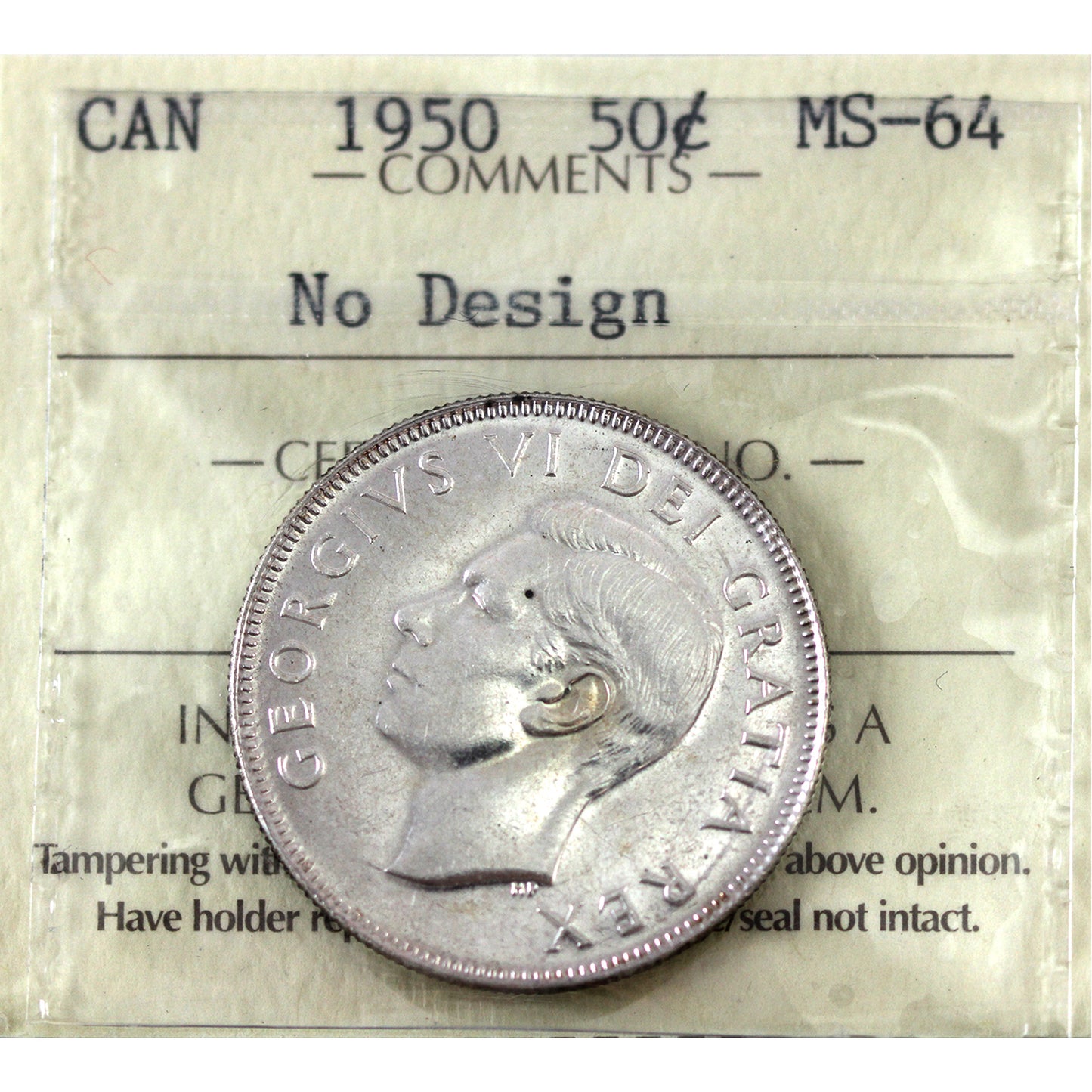 1950 No Design Canada 50-cents ICCS Certified MS-64