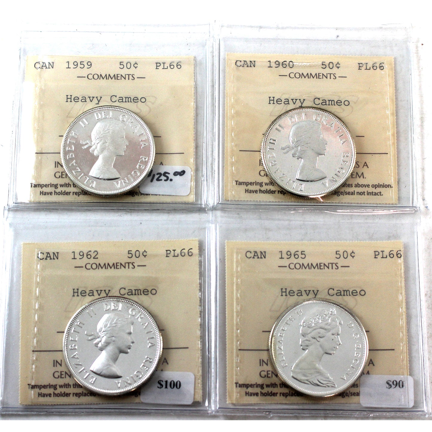 Lot of 4x Canada 50-cents ICCS Certified PL66 HC - 1959, 1960, 1962 & 1965 (4pcs)