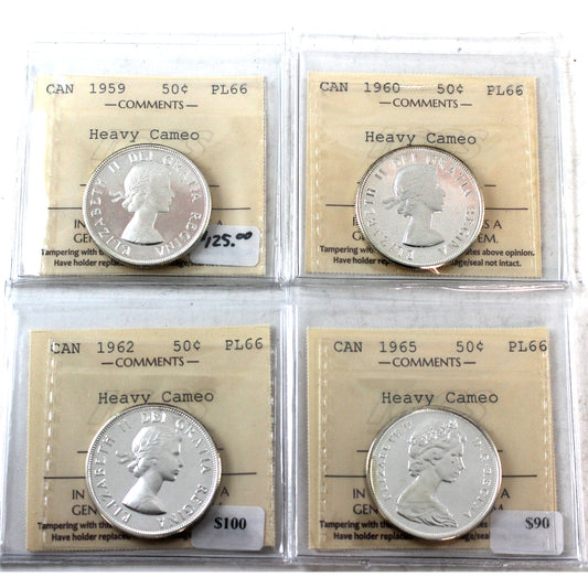 Lot of 4x Canada 50-cents ICCS Certified PL66 HC - 1959, 1960, 1962 & 1965 (4pcs)