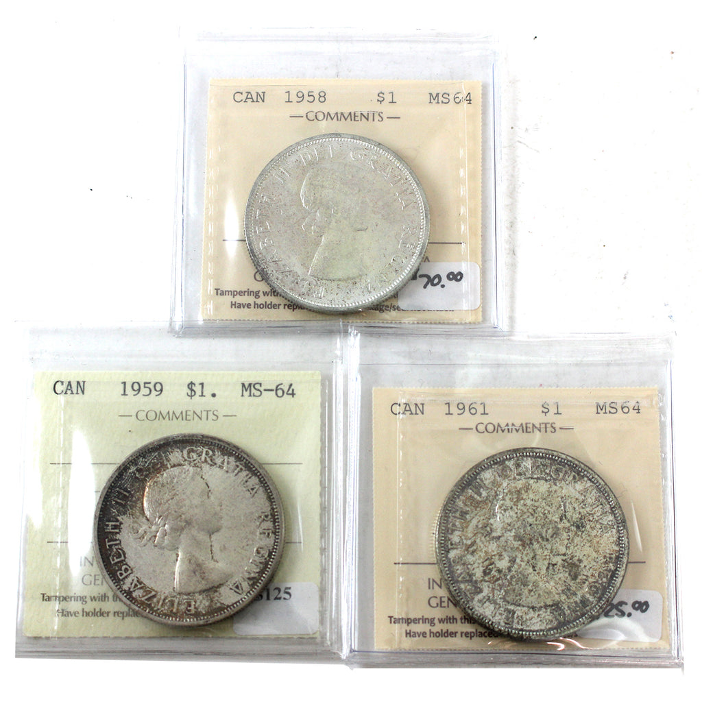 Lot of 3x Canada Dollars ICCS Certified MS-64 - 1958, 1959 & 1961 (3pcs)