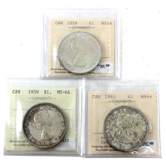 Lot of 3x Canada Dollars ICCS Certified MS-64 - 1958, 1959 & 1961 (3pcs)