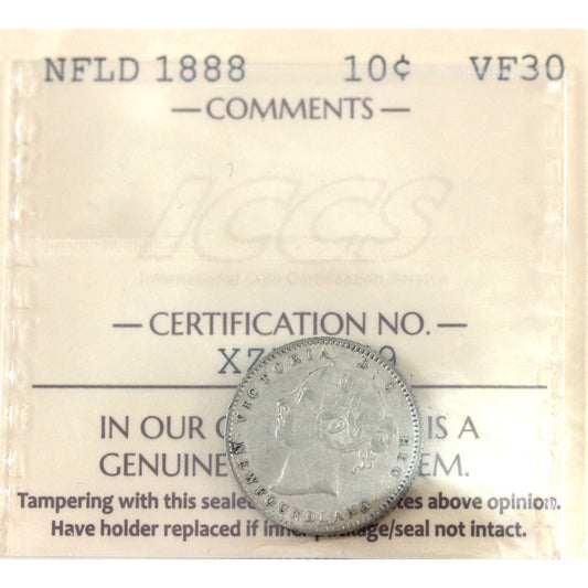 1888 Newfoundland 10-cents ICCS Certified VF-30