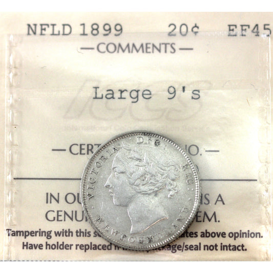 1899 Large 9's Newfoundland 20-cents ICCS Certified EF-45