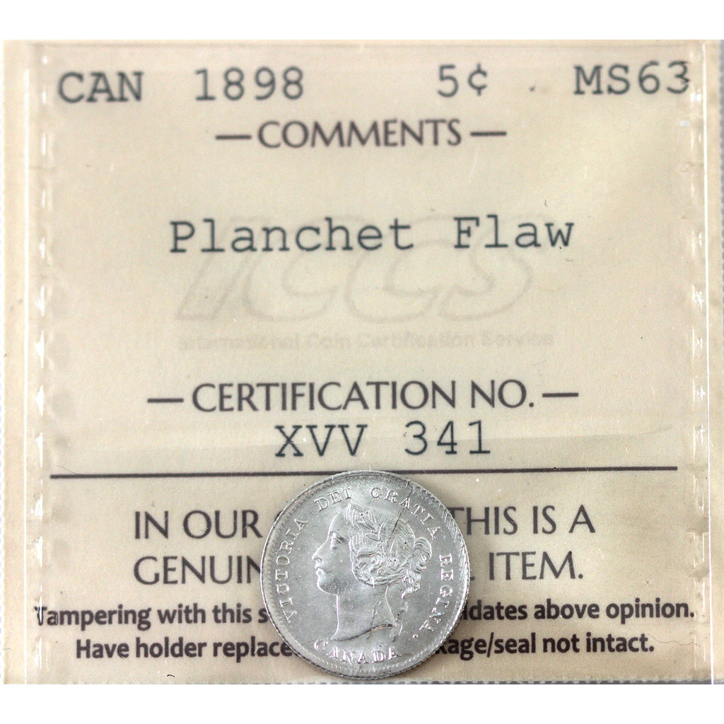Error Planchet Flaw 1898 Canada 5-cents ICCS Certified MS63